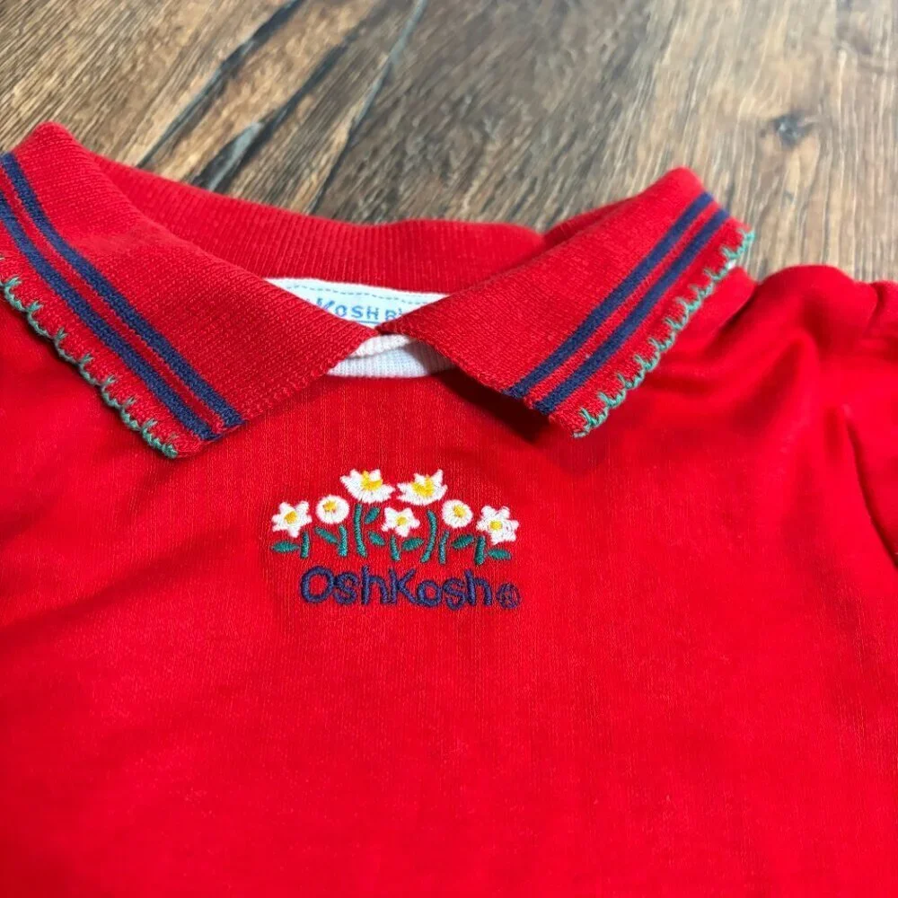 Vtg 1980's Osh Kosh B'Gosh red collared embroidered flower top